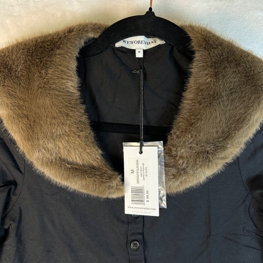 WeWoreWhat Black Button Front Crop Cardigan Sz M Faux Fur Collar Sweater NWT - Picture 5 of 9